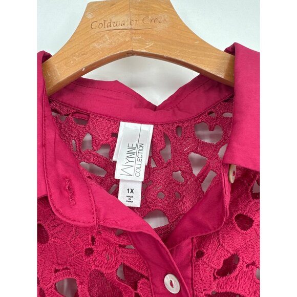Wynne Collection Womens Eyelet  Blouse size 1X plus Pink Lace Collared Shirt - Picture 3 of 6